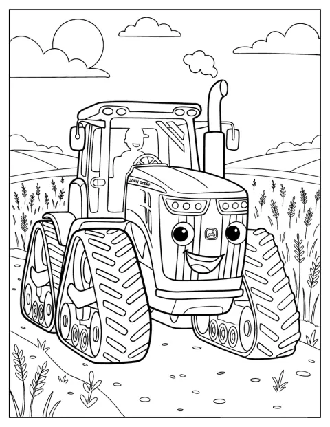Ein niedlicher John Deere Traktor steht auf einem Feld.