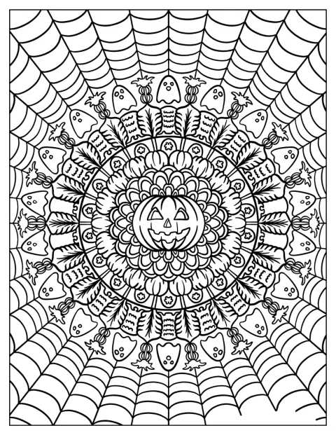 Una calabaza tallada ocupa el centro de un mandala de Halloween.