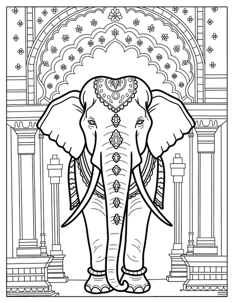 En ståtlig elefant står framför ingången till ett indiskt palats.