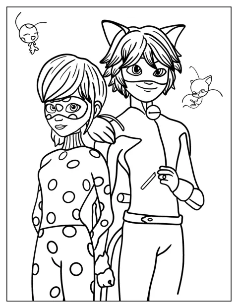Ladybug et Chat Noir prennent la pose côte à côte, vêtus de leurs costumes de super-héros.