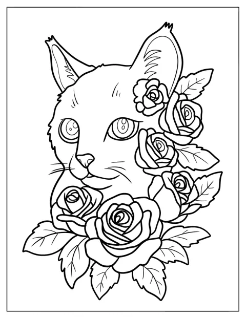 Een kat is omringd door een lijst van rozen.