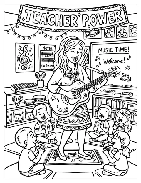 En musiklærer synger for eleverne, mens hun spiller på guitar.