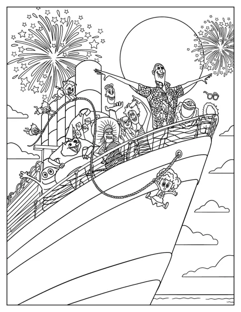 Drácula, Mavis, Jonathan, Dennis y sus amigos viajan juntos en un barco.