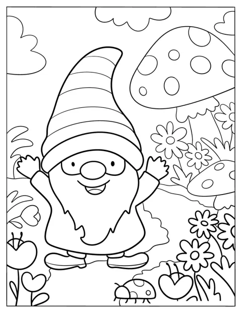 Dans un jardin, un petit gnome joyeux lève les bras pour manifester son enthousiasme.