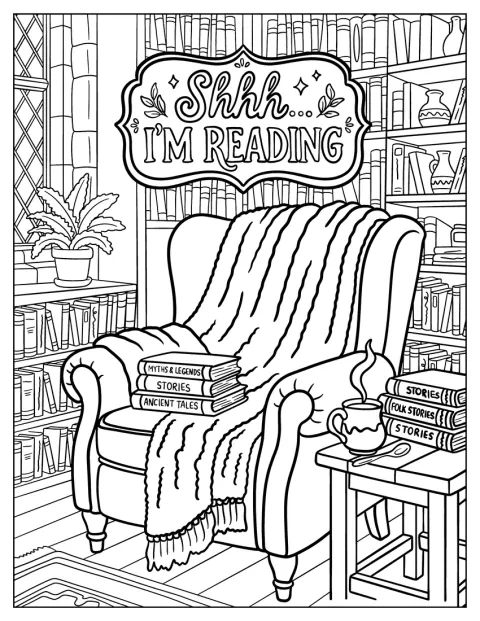 In einer Hausbibliothek laden Sessel, Bücher, eine Decke und Kaffee zum Lesen ein.