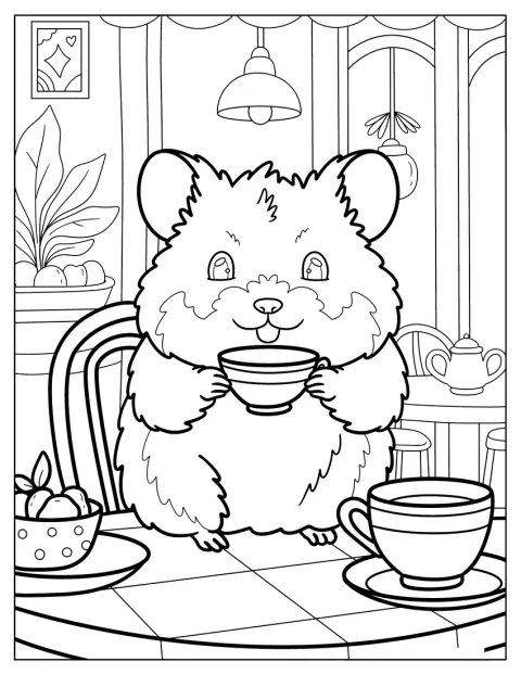Hamster Coloring Page Drinking Tea at a Cozy Café Table with Fruit and Plants