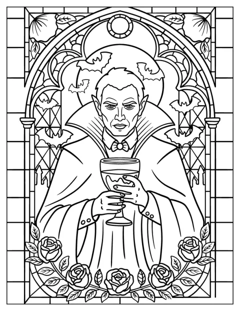 Dracula ține un potir într-un vitraliu gotic decorat cu trandafiri și lilieci.