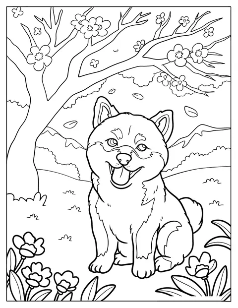柴犬の子犬が、桜の木の下にたたずんでいます。
