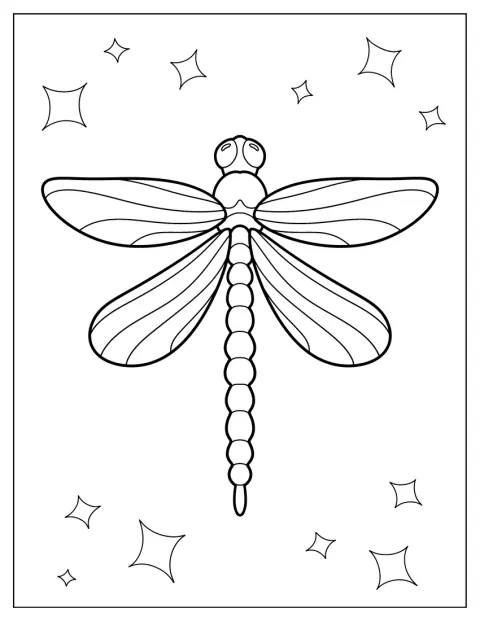 Una libellula dal tratto semplice vola con le ali aperte.