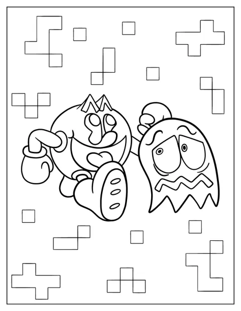 パックマンが水色のゴーストに向かって走っています。