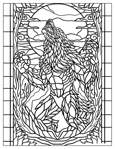 Howling Werewolf Coloring Page in the Woods Stained Glass with Full Moon and Clouds Background
