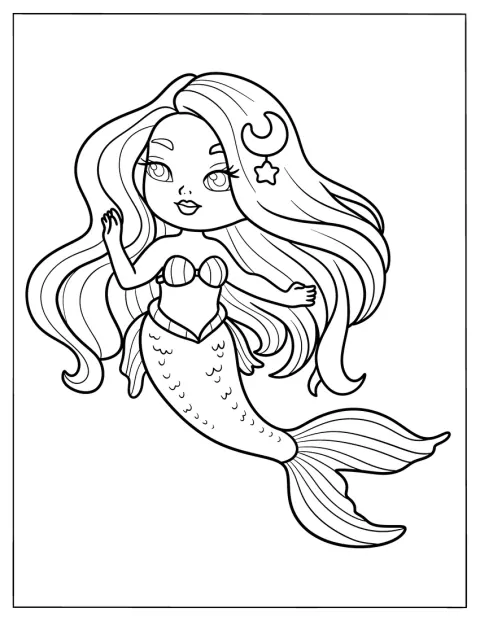 Kawaii Mermaid Coloring Page with Star and Moon Brooch for Kids