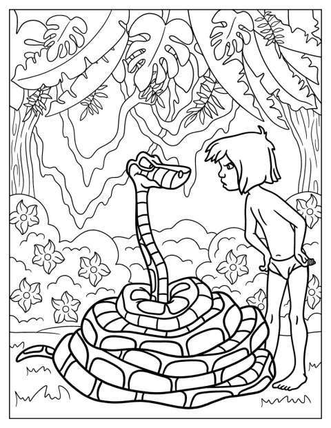 Mowgli y Kaa se enfrentan en la jungla mientras discuten.