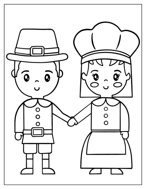 男の子と女の子が、感謝祭の衣装を着て並んでいます。