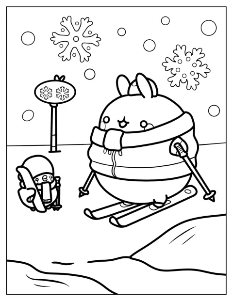 Molang e Piu Piu sciano insieme tra i paesaggi innevati.