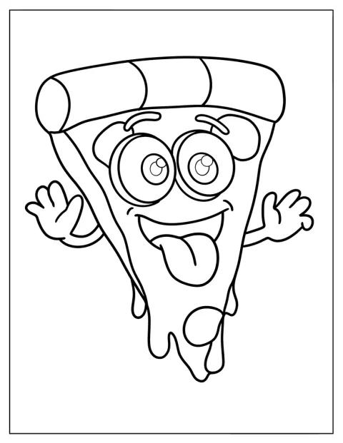Silly Pizza Coloring Page Slice with Tongue Out and Hands for Preschoolers