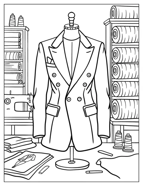 Classic Tailored Blazer on a Mannequin Surrounded by Sewing Tools and Fabrics Fashion Coloring Page