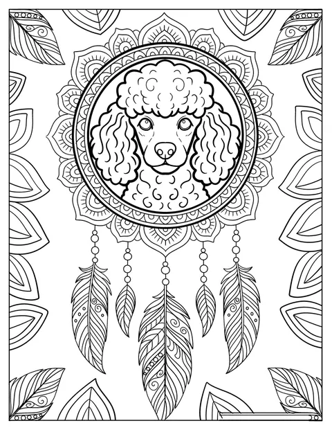 優雅なプードルが、花模様や羽根をあしらった曼荼羅の中に描かれています。