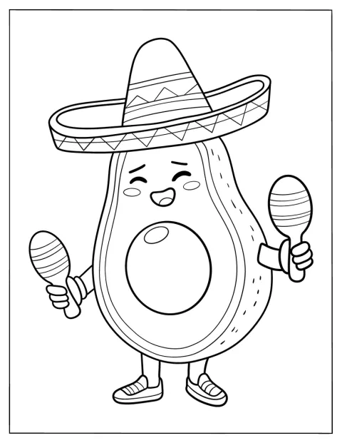 Un aguacate mexicano lleva sombrero y toca las maracas.