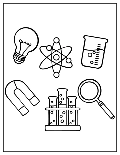Atomo, magnete, provette, becher, lampadina e lente d’ingrandimento compongono la scena.