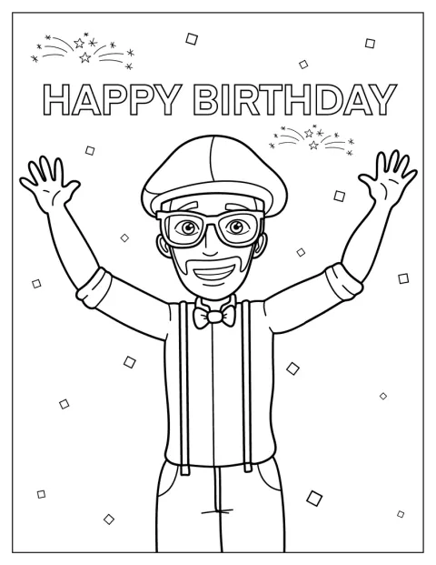 ブリッピーが誕生日をお祝いする飾りと一緒に描かれています。