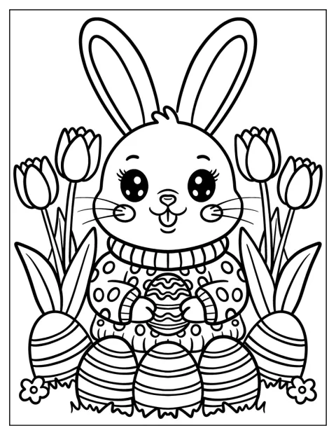 Uśmiechnięty zajączek siedzi pośród tulipanów i ozdobionych jajek.
