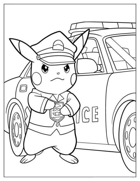 Pikachu se tient à l'extérieur d'une voiture de police.