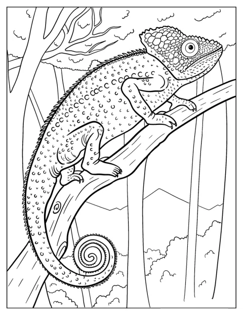 Ein realistisch gezeichnetes Chamäleon sitzt auf einem Baumast.