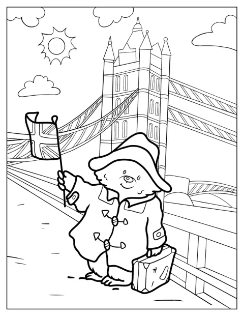 Devant le pont de Londres, Paddington souriant agite le drapeau britannique.