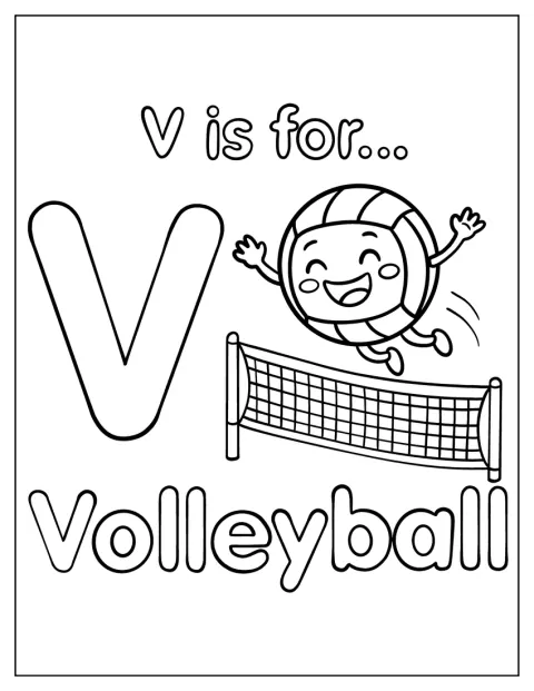 En volleyboll flyger över nätet bredvid bokstaven V.