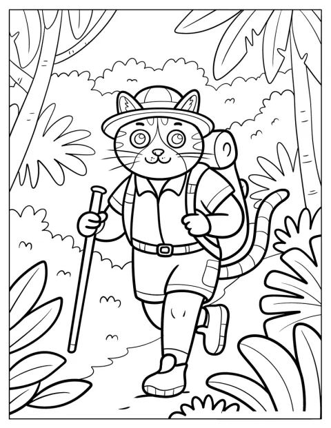 Un chat en tenue de randonnée et avec un sac à dos explore la jungle.