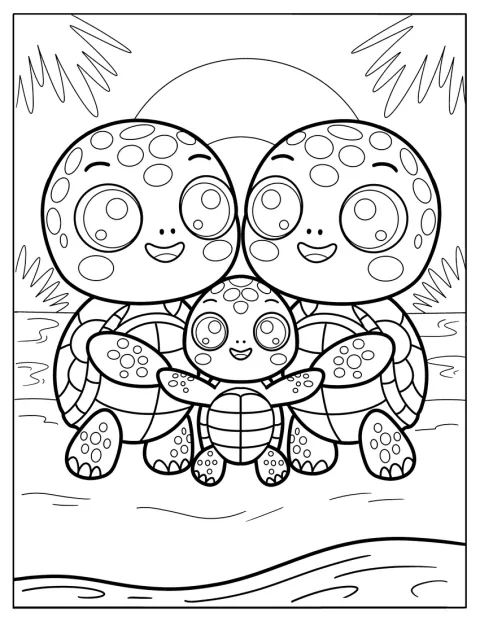 Duas tartarugas adultas abraçam a tartaruga bebé junto ao mar.
