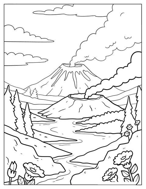 Dos volcanes expulsan humo junto a un río que atraviesa un valle montañoso.