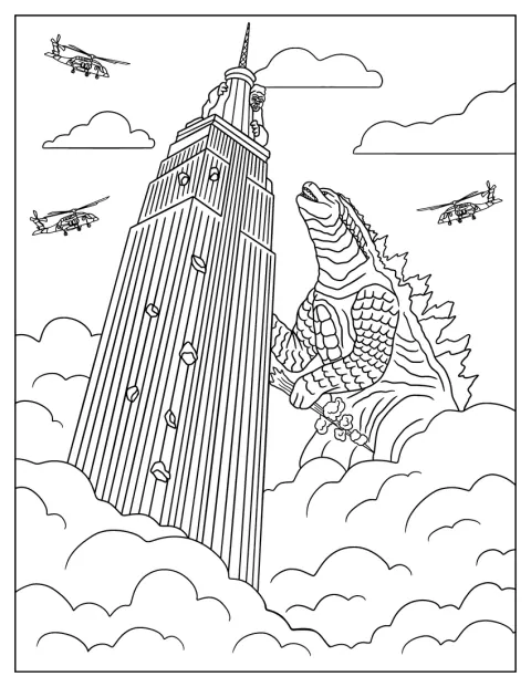 エンパイア・ステート・ビルの上から、ゴジラがコングに手を伸ばしています。