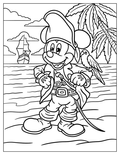 Pirate Mickey Mouse At The Beach Disney Coloring Page For Adults