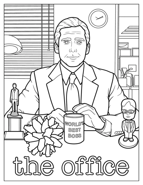 Michael Scott está sentado detrás de su escritorio en la oficina.