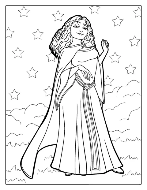 Madre Gothel aparece con una expresión seria y enigmática.