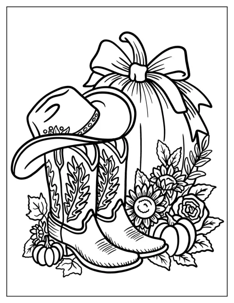 Et par cowboystøvler og en hat står ved et græskar og blomster.