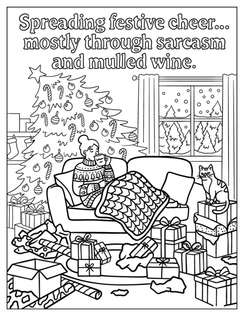 Eine Frau entspannt sich mit Glühwein neben Geschenken und einem geschmückten Weihnachtsbaum.
