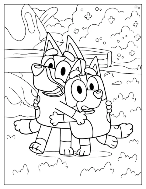 Bluey e Bingo abraçam-se, felizes por estarem juntas.