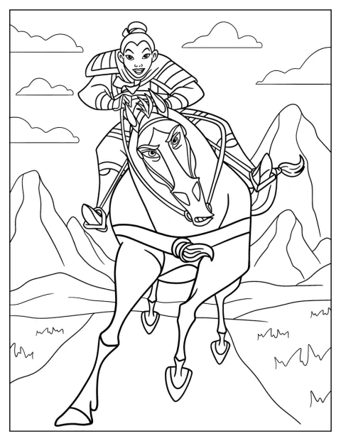 Als Ping verkleidet reitet Mulan auf Khan.