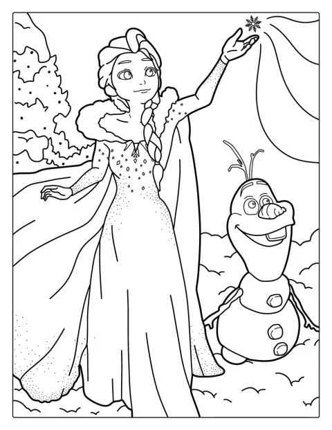 Elsa pose aux côtés d’Olaf, le bonhomme de neige.