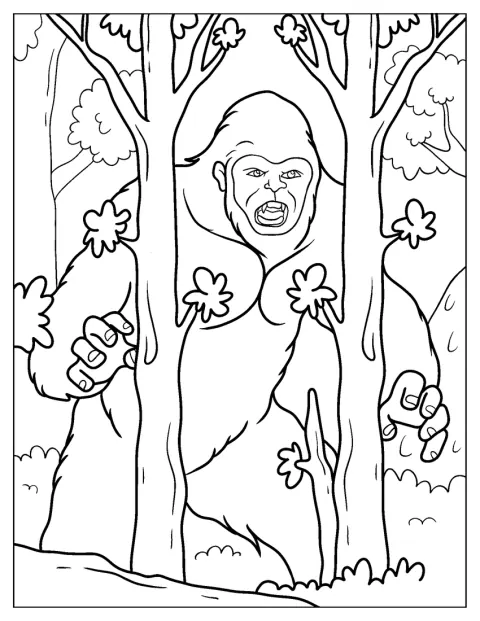 Bigfoot se vynořuje zpoza hustých stromů.