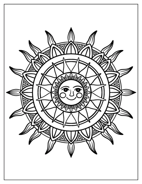 Un sole sorridente al centro decora un mandala dalle linee semplici.