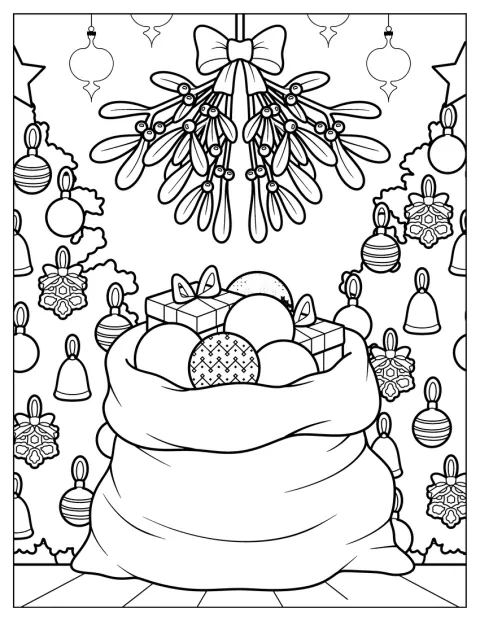 O saco do Pai Natal, cheio de brinquedos, está sob ramos de visco e bolas.