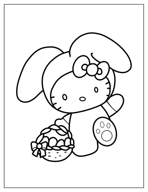 Hello Kitty lleva un disfraz de conejo y una cesta llena de huevos.