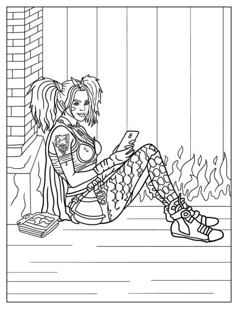 Harley Quinn está sentada en una ilustración de estilo realista.
