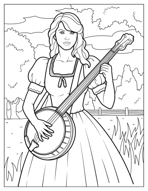 Taylor Swift w sukience gra na banjo.