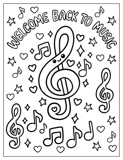 Notas musicales y claves de sol acompañan un mensaje de bienvenida a música.