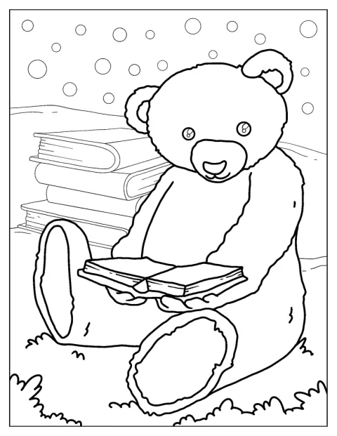 Um urso de peluche lê livros tranquilamente.